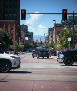 Downtown Denver traffic near Larimer Square